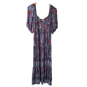 Knox Rose blue and red floral print tiered maxi dress Size XXL
